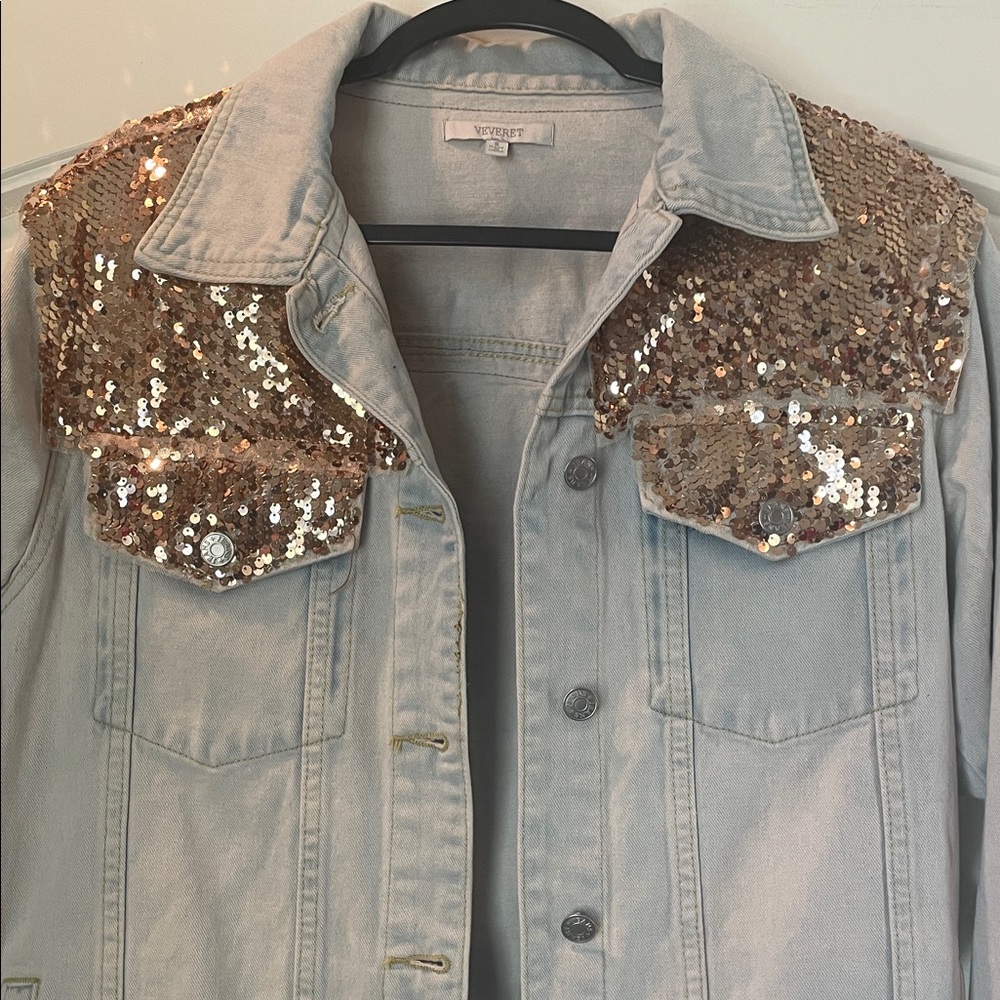 Light Blue Denim Jacket with Gold Sequin Accents